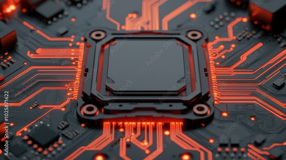 Aufkleber close-up view of a circuit board with glowing red lines and a black microchip, showcasing modern tec