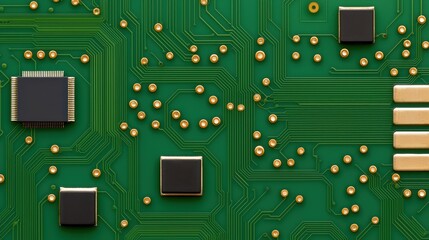 Close-up view of a green circuit board with gold components on a clear background.