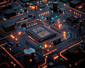 Fototapeta premium Close-up view of a circuit board with glowing components and intricate patterns.