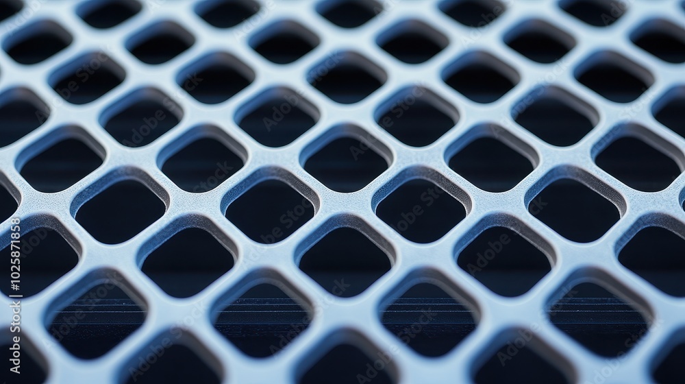 Poster close-up of a textured grid pattern with uniform holes on a dark background.