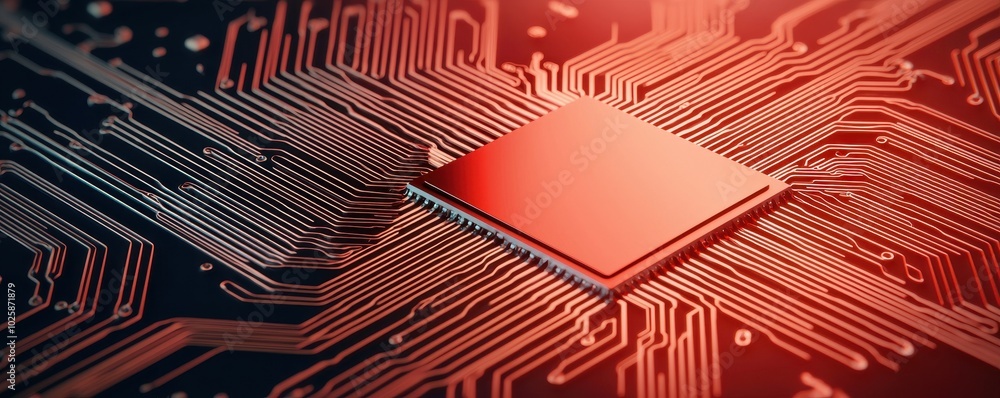 Poster close-up of a red microchip on a circuit board, showcasing intricate details and connections.