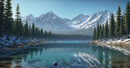 Majestic mountain lake surrounded by pine trees, clear blue water