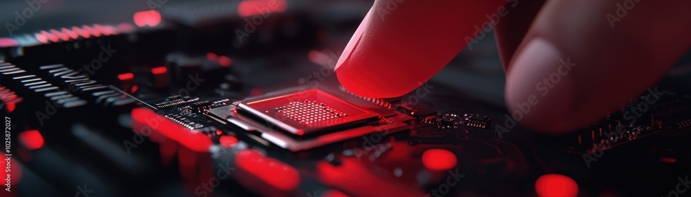 Poster close-up of a finger touching a glowing computer chip on a dark circuit board.