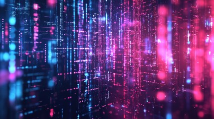 Fototapeta premium A vibrant, abstract digital landscape with glowing lines and particles in blue and pink hues.