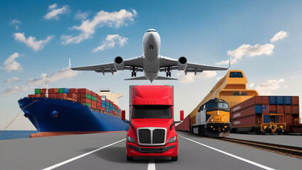 Fototapeta premium Digital Scene of Global Logistics Red Semi-Truck, Airplane in Flight, Cargo Ship with Containers, and Yellow Freight Train Under Clear Blue Sky