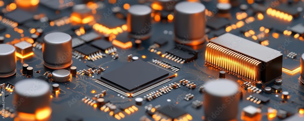 Poster close-up of a circuit board with glowing components on a dark background.