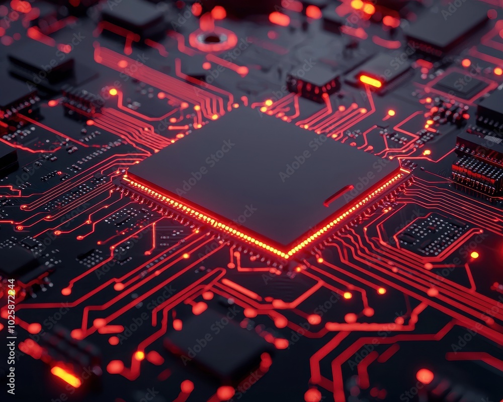 Poster close-up of a black microchip on a circuit board with glowing red lines, modern technology backgroun