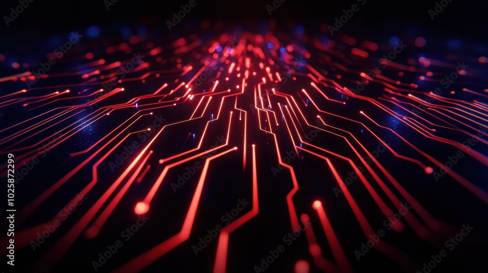 Poster abstract technology background with vibrant red and blue circuit lines on a dark backdrop.