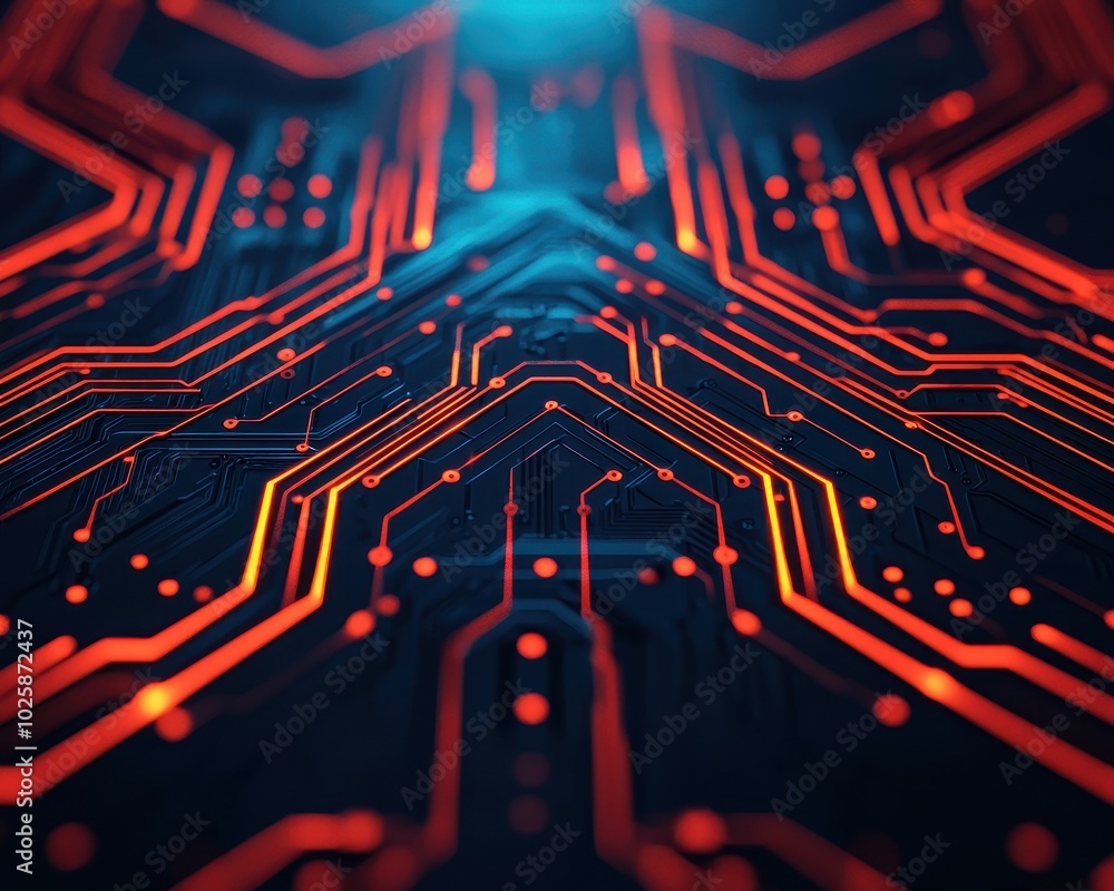Poster abstract circuits with glowing lines and dots on a dark background, representing advanced technology