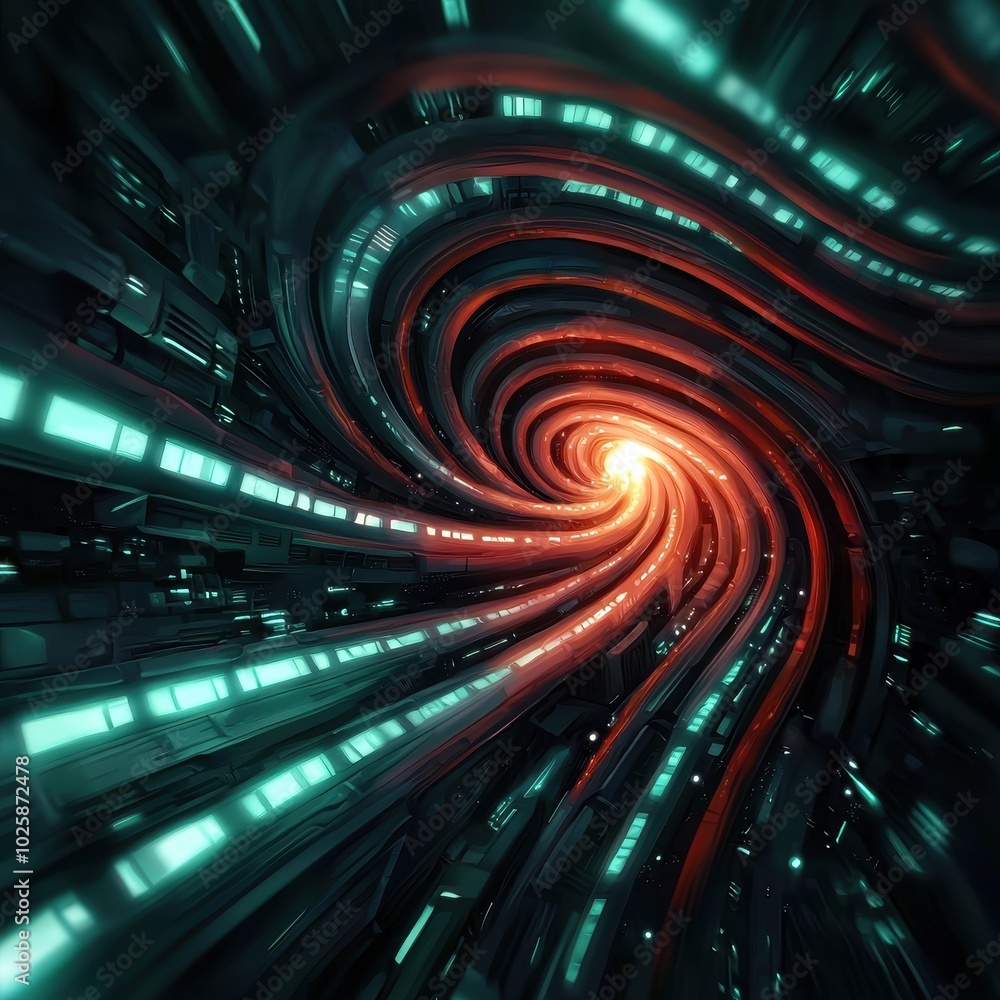 Poster a mesmerizing swirl of light and colors, creating a digital vortex effect against a dark backdrop.