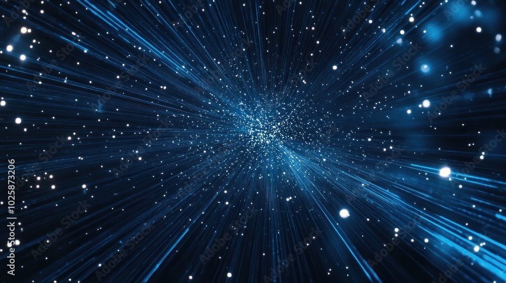 Poster a dynamic representation of light beams and particles in a cosmic space.