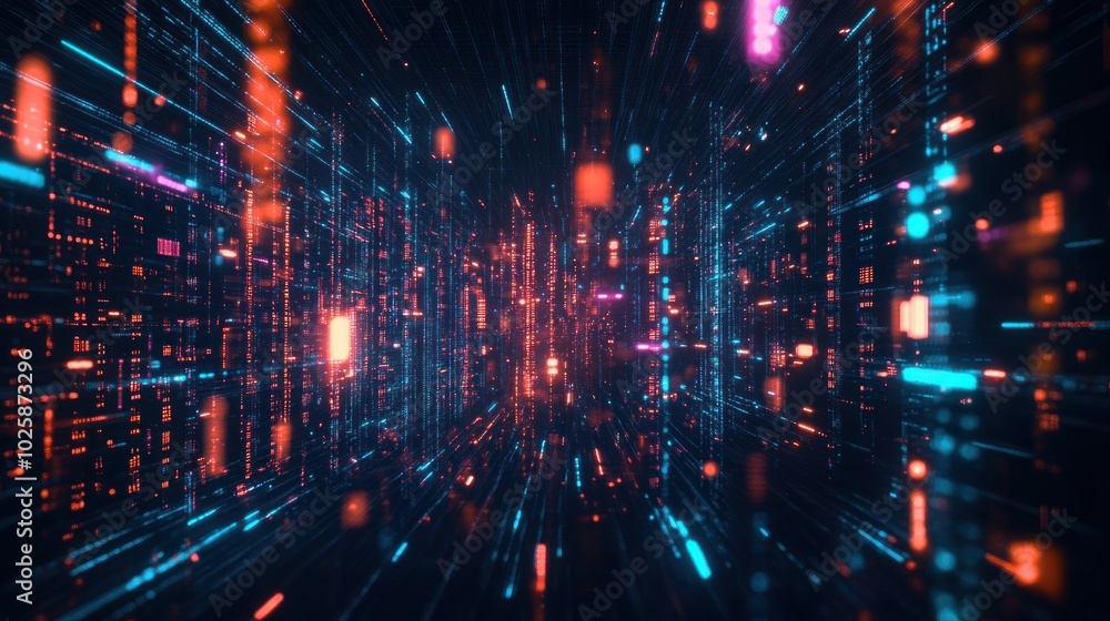 Poster a futuristic digital landscape with vibrant data streams and glowing particles.