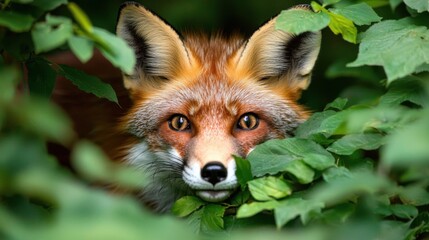 Fototapeta premium Adult fox stalking prey in a dense woodland area, blending into its natural surroundings
