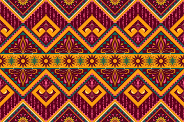 A bold and colorful geometric floral pattern with intricate yellow, green, and maroon accents. Ideal for ethnic-inspired designs, textiles, wallpapers, and decorative projects.