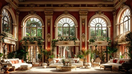 Obraz premium Opulent Grand Hall Interior Design with Gilded Decor and Arched Windows