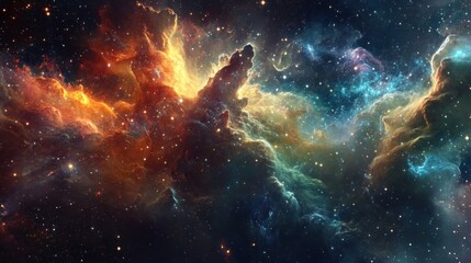 A vibrant cosmic scene depicting colorful nebulae and stars in deep space.