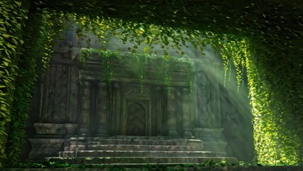 An ancient, overgrown temple entrance illuminated by sunlight.