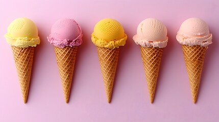 Vibrant Pastel Ice Cream Cones on Minimalist Pink Background