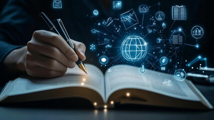 A hand writing in an open book with glowing symbols and digital icons in a creative workspace