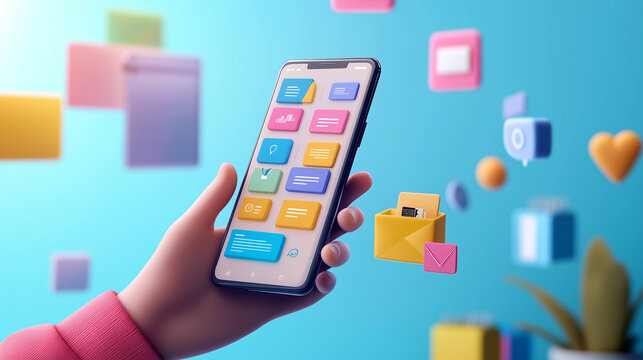 A hand engaging with a smartphone displaying colorful app notifications and messages