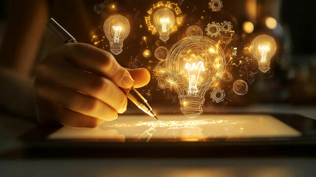 A hand writing innovative ideas on a tablet with glowing light bulbs representing creativity