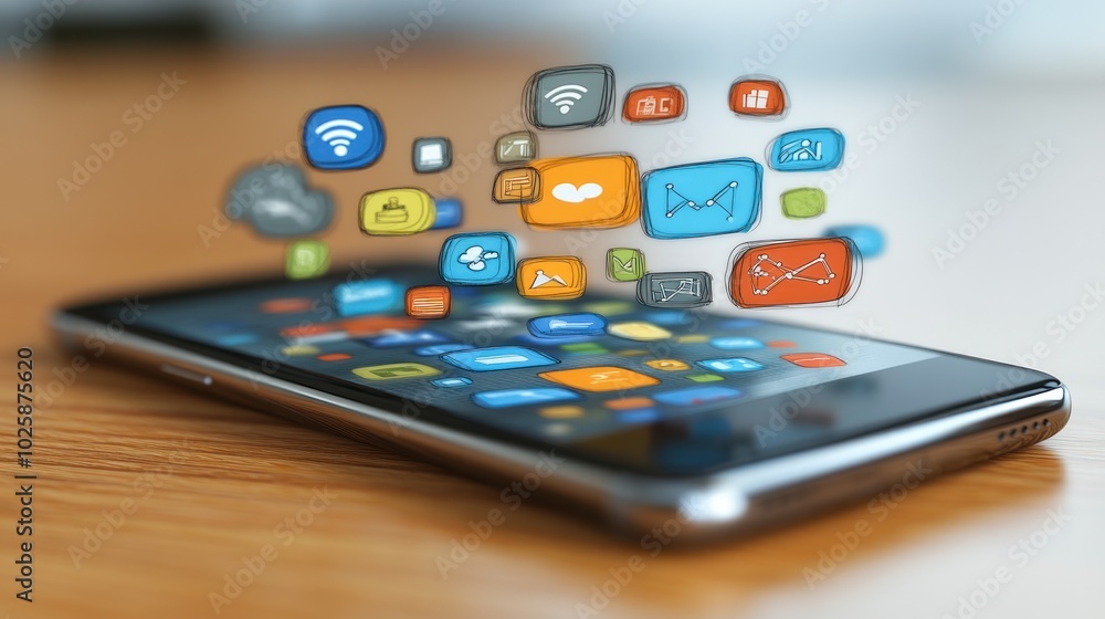 Poster smartphone with drawn app icons floating above