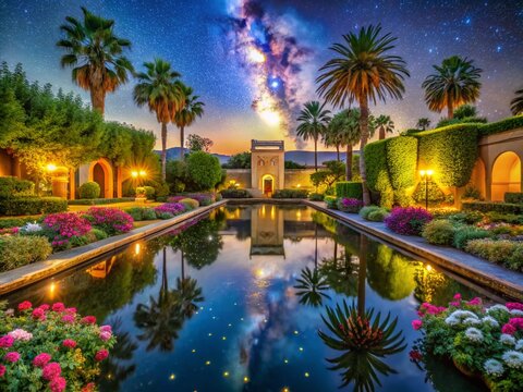 Night Photography of Jnan Sbil Garden in Fez, Morocco with Lake and Palms