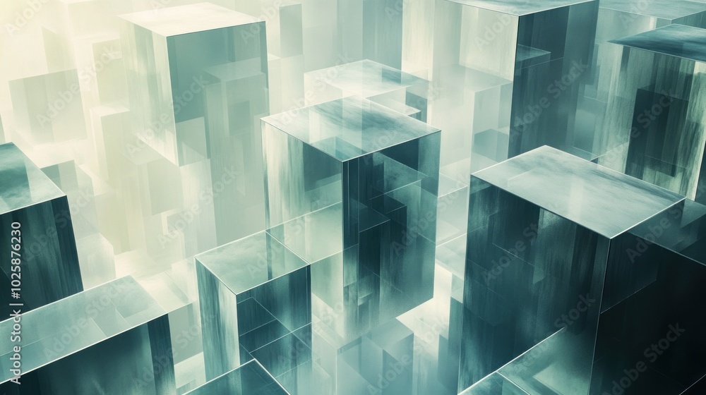 Poster abstract composition of translucent cubes creating a futuristic, digital landscape.