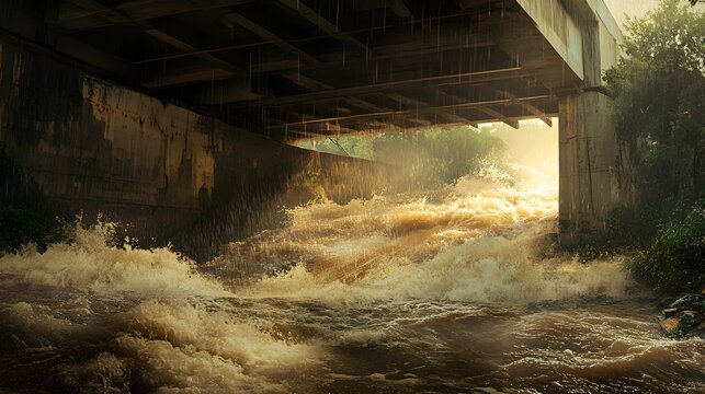 An impactful illustration of a turbulent river flowing under a bridge, with strong currents and heavy rain contributing to the rising water levels, capturing the natural threat posed by the 