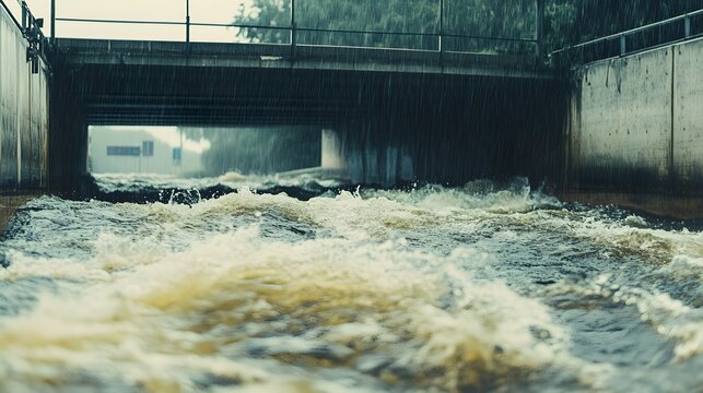 An impactful illustration of a turbulent river flowing under a bridge, with strong currents and heavy rain contributing to the rising water levels, capturing the natural threat posed by the 