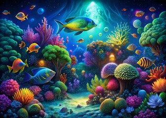 Obraz premium Night Photography of Tropical Fish on Coral Reef for World Oceans Day