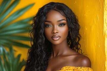 Confident african american woman poses stylishly in a tropical setting  natural beauty and elegant glamour against a vibrant yellow wall  shampoo and conditioner advertising  cosmetics © Andrea Marongiu