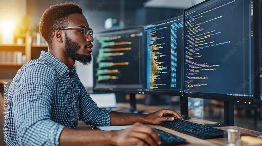 Poster Focused Programmer Working on Code at a Computer Desk