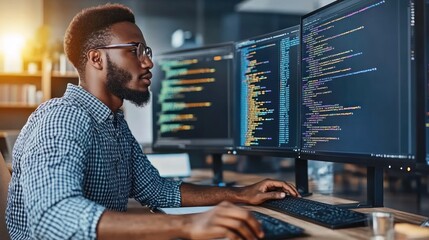 Focused Programmer Working on Code at a Computer Desk