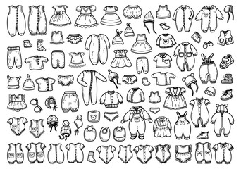 Big set of newborn clothes hand drawn doodle. Things of little children. Romper, vest, bodysuit, bonnet, bib, jumpsuit, hat, dress, jacket, pants, diaper. Vector sketch line art illustration.