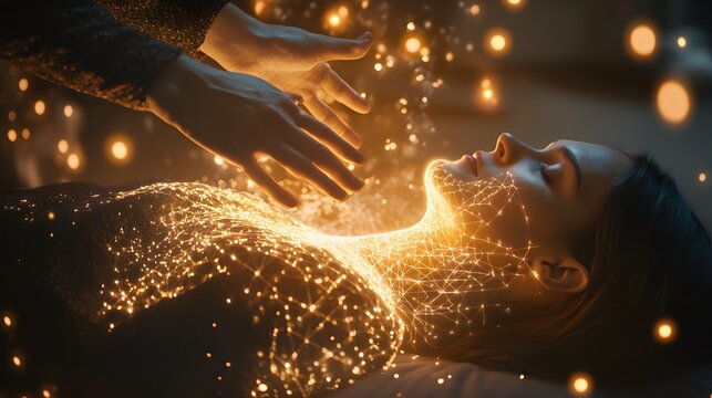 An engaging 3D representation of a natural healing practice with hands above a patient, surrounded by luminous energy fields, capturing the essence of Reiki and the connection between healer 