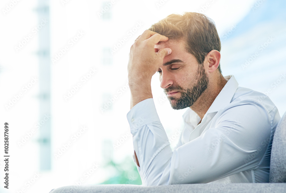 Wall mural Businessman, headache and work stress in office, employee burnout and thinking on career crisis. Male person, tension migraine and professional on couch in workplace, mental health and frustrated