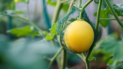 A ripe yellow cantaloupe melon growing on a vine in a greenhouse, protected by a green net.