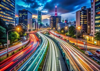 Obraz premium Night Timelapse of Tokyo City Highway Traffic Jam in Wide Shot Zoom - Stunning Urban Landscape and Light