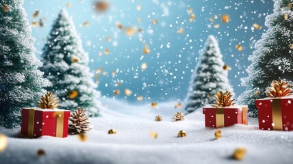 Christmas winter background with christmas tree and gifts in snowdrift,Realistic 3d design Xmas card decoration,gift box,fir branches,Merry Christmas,Happy new year banner,Vector illustration.