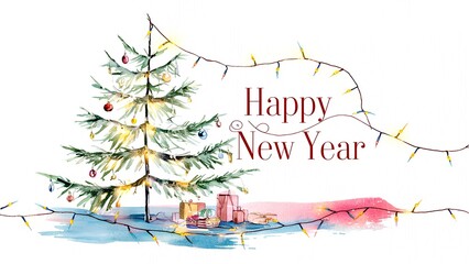 Obraz premium Simple new year tree with lights on white background - perfect for new year greetings and decor