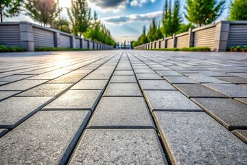 Fototapeta premium Close-up view of large long concrete slabs with symmetrical decreasing perspective and selective focusing