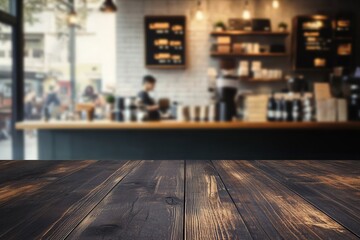 Obraz premium Dark wooden table in a coffee shop with blurred interior and working people in the background, product display template