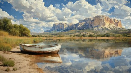 A Single Rowboat Moored on a Lake with Mountainous Landscape