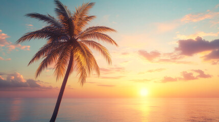 Copy space of tropical palm tree with sun light on summer season. Serene Sunset Over Ocean with Palm Tree Silhouette