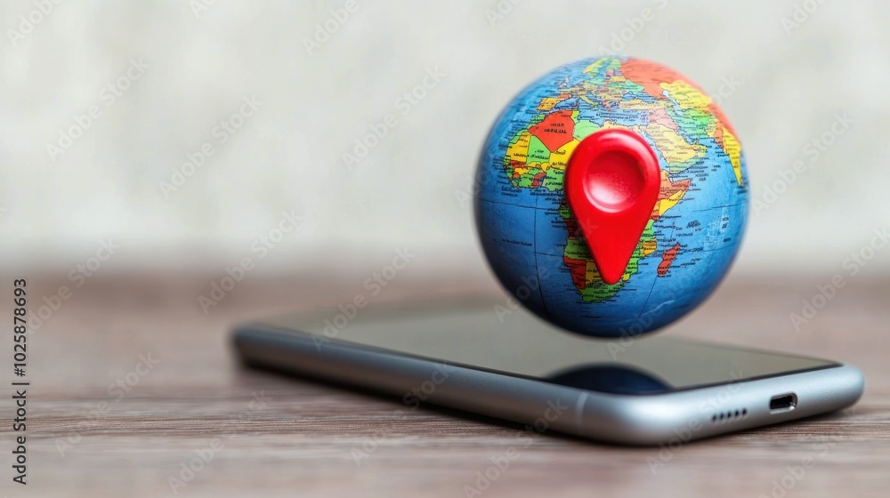 Poster a globe floating above a smartphone with a red pin