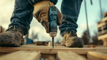Construction Worker Using Cordless Impact Driver to Screw Wood