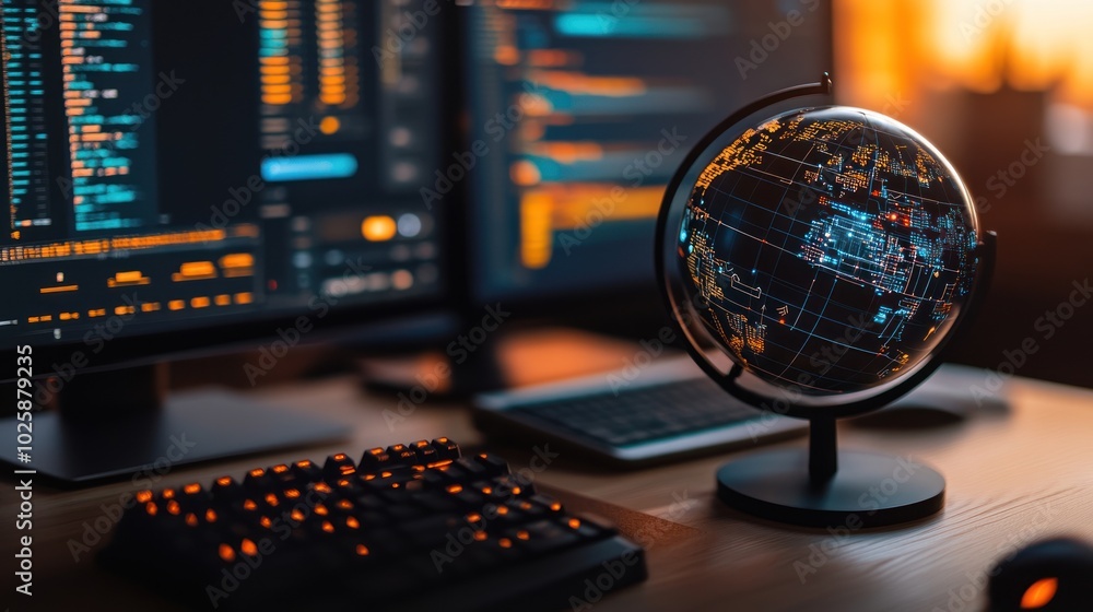 Aufkleber Illuminated Globe on a Desk with a Computer and Keyboard