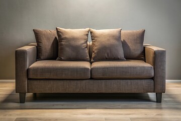 Close-up view of small dark couch with light-colored pillows