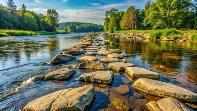 Close-up view of rock thresholds on Tanew River in Roztocze